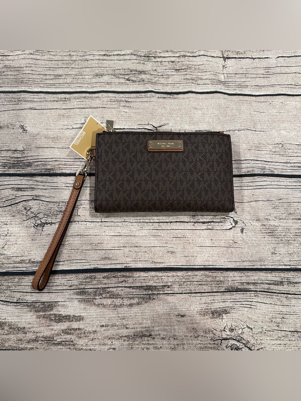 NWT Michael Kors Jet Set Brown Signature Logo Double Zip Wristlet Fits Phone